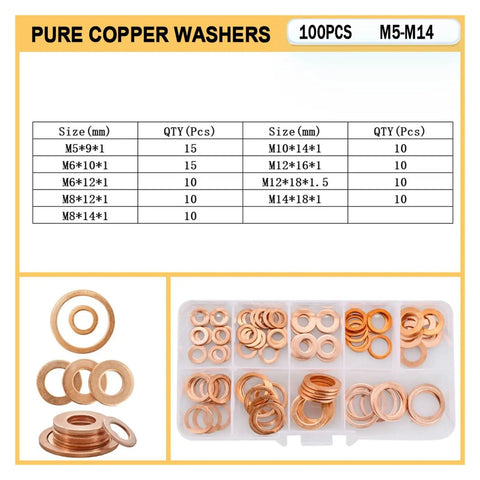 Pure copper washers kit 100pcs M5-M14 in compartment case, Multi Material Flat Washers Kit Copper Brass Stainless Steel Aluminum Assorted Seals Spacers For M5 To M14 100 Pieces Heavy Duty Washer Set For Home Workshop And DIY Projects