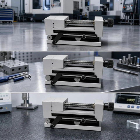 Precision Swivel Vise Machine Workholding Clamp With Graduated Rotation And Secure Jaw For Accurate Fixturing Perfect For CNC Milling Grinding Shop Operations 3 Inch Size viewed from multiple angles on workshop table.
