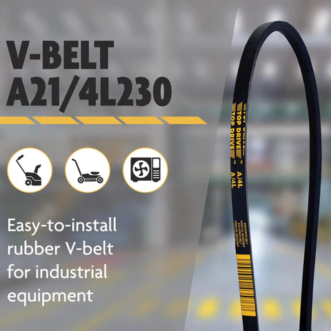 A21 4L230 Beefy Classic Wrapped V Belt Rubber Drive Belt Half Inch Wide 23 Inch; shown with industrial icons, text overlay
