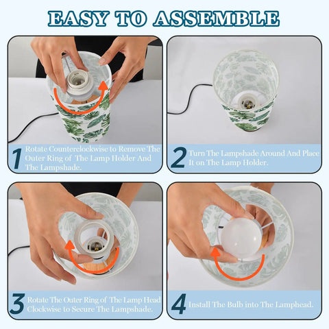 Assembly steps for Palm Leaves Watercolor Bedside Table Lamp With 3-Way Dimming And Touch Control, Built-In Charging Station.