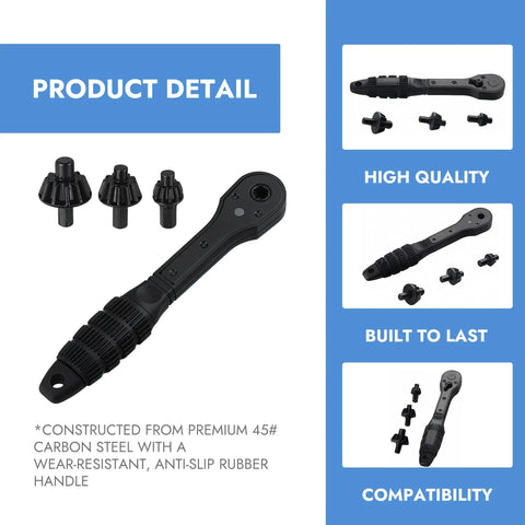 Heavy Hitter Ratchet Drill Chuck Key With Magnetic Quick Swap Heads, constructed from premium carbon steel with rubber handle.