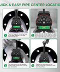 Anblak Pipe Center Finder with magnetic centering head on a pipe flange; front view.
Anblak Pipe Center Finder dial view with measurement dial and green level bubble.
Close-up of hands adjusting the center punch on the Anblak Pipe Center Finder.
Installed on pipe with safety head, showing center location on Anblak Pipe Center Finder.