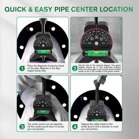 Anblak Pipe Center Finder with magnetic centering head on a pipe flange; front view.
Anblak Pipe Center Finder dial view with measurement dial and green level bubble.
Close-up of hands adjusting the center punch on the Anblak Pipe Center Finder.
Installed on pipe with safety head, showing center location on Anblak Pipe Center Finder.