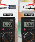 Pocket Digital Multimeter With Backlit LCD Display And Test Leads measuring AC and DC voltage on battery and outlet