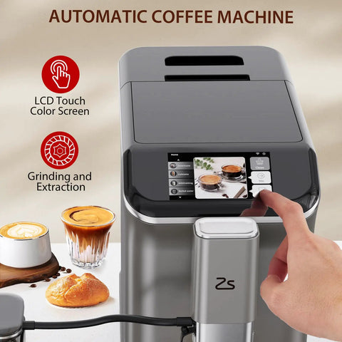 Crush Your Daily Caffeine Rush With This Rock Solid Fully Automatic Espresso Machine, Integrated Grinder, Smooth Milk Frother For Rich Lattes, Straight Up Easy Touch Screen, Custom Cup Settings, 20 Bar Pressure, Dual Boiler Heating, 1.5 Liter Reservoir, LCD touch screen with coffee options.