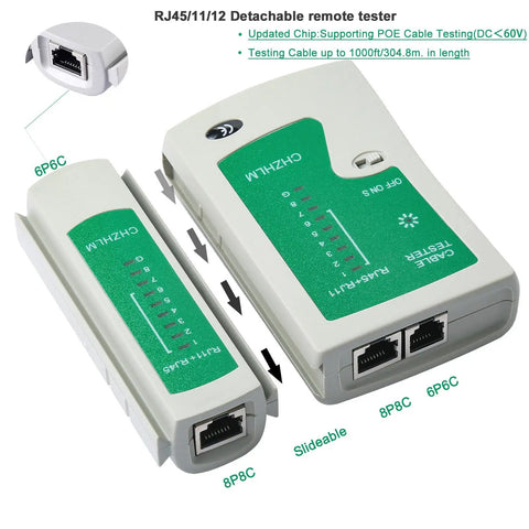 All In One Pass Through RJ45 Crimp Tool Kit with Wire Stripper and Cutter showing cable tester and detachable remote unit