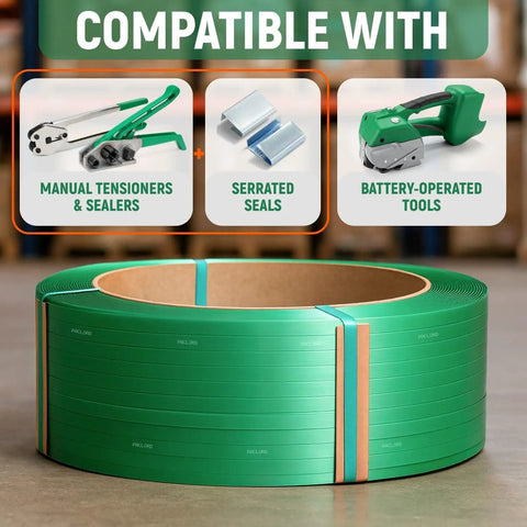 5/8 Inch Wide PET Polyester Strapping Roll, 4000 Feet Green Pallet Banding, compatible with tensioners and seals