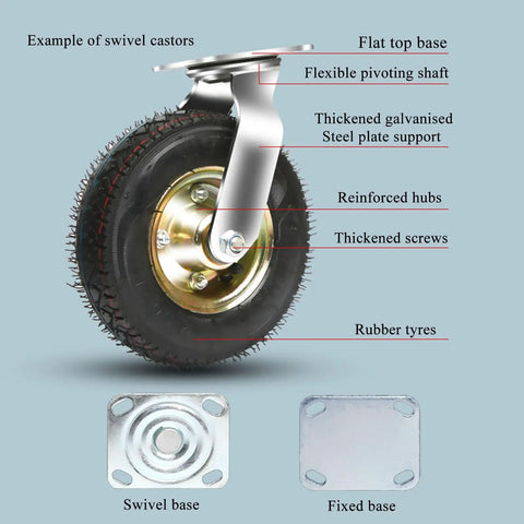 2 Pack Heavy Duty Inflatable Rubber Trolley Wheels With Swivel Caster Design For Zero Roll Resistance And Pro Grade Load Bearing Support Built Like A Boss To Handle Any Rough Job Smoothly, showcasing detailed components.