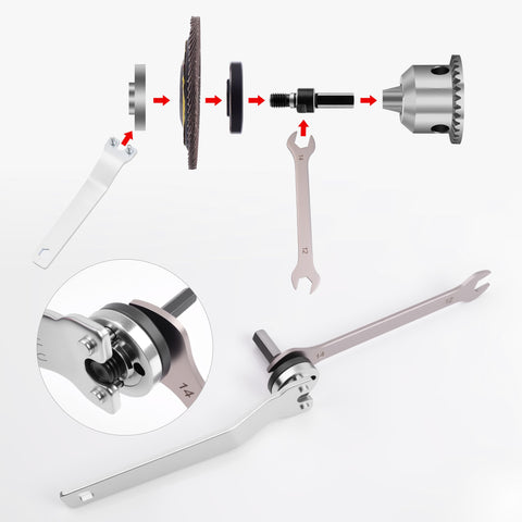 Diagram of Angle Grinder Drill Adapter Kit All In One Ready To Go With 10mm And 6mm Arbor Mandrels showing assembly with wrenches and nuts.