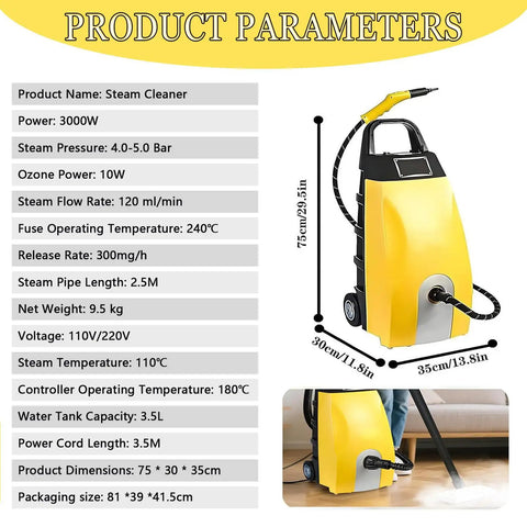 Sotikarery 3000W Steam Cleaner With Ozone For Deep Cleaning, High Temp Carpet And Upholstery Extractor Tool Kit Including 9 Attachments For Home Auto Maintenance And Ac Unit Sanitization Yellow product parameters including dimensions and specifications.