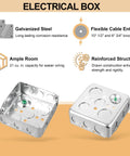 Four Inch Square Electrical Box With Cover, Rugged Galvanized Steel Junction Box, Deep Twenty One Cubic Inches, Ten Half Inch Knockouts And Six Three Quarter Inch Knockouts, Includes Cover, Ground Screw And Two Cover Screws. Galvanized steel box with cover and knockouts