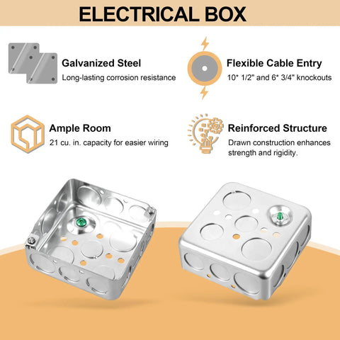 Four Inch Square Electrical Box With Cover, Rugged Galvanized Steel Junction Box, Deep Twenty One Cubic Inches, Ten Half Inch Knockouts And Six Three Quarter Inch Knockouts, Includes Cover, Ground Screw And Two Cover Screws. Galvanized steel box with cover and knockouts