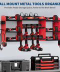 Heavy Duty Wall Mount Power Tool Organizer With 3 Layer Garage Rack, 8 Outlets, 8 Drill Storage Slots, Hooks And Battery Charging Station For Tools, Compact Garage Shelf And Charger Station For Easy Access.