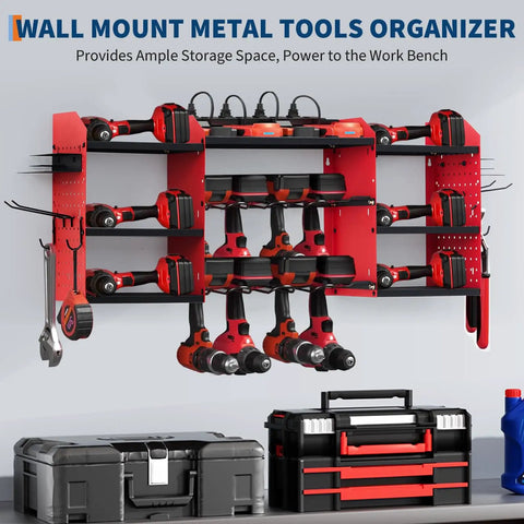 Heavy Duty Wall Mount Power Tool Organizer With 3 Layer Garage Rack, 8 Outlets, 8 Drill Storage Slots, Hooks And Battery Charging Station For Tools, Compact Garage Shelf And Charger Station For Easy Access.