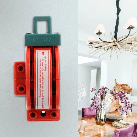 Visible Disconnect Knife Switch 32A 220V DPDT Two Pole Power Isolation next to an interior room setting with chandelier and decor