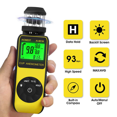 Handy Portable Handheld Anemometer Wind Speed Meter 1.5 To 93 MPH With 0.1 Resolution, Indoor Outdoor Air Flow Gauge For HVAC Balancing And Drone Pilots, Switches Between MPH Knots KMH And Meters Per Second., yellow handheld cup anemometer with backlit LCD and function icons