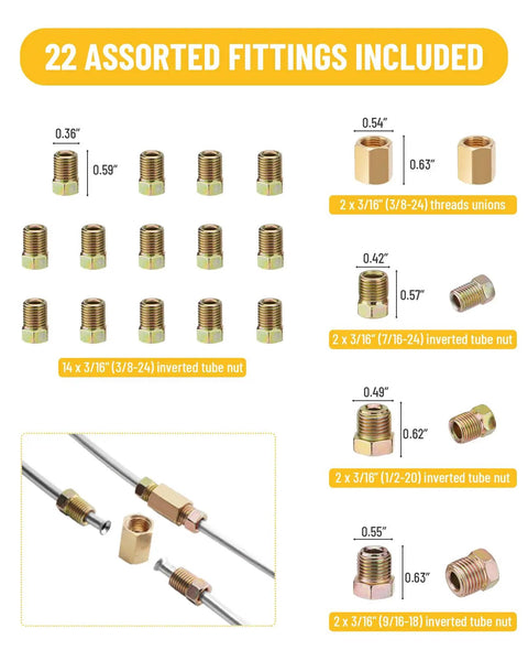 Assorted fittings from 25 Ft Zinc Plated Brake Line Flaring Tool Kit With 3 In 1 Bender, showing unions and tube nuts.