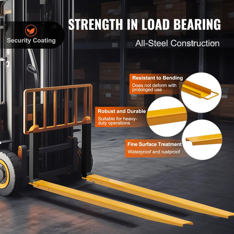 BestEquip forklift extensions side view, 96-inch length, 5.5-inch width, heavy-duty yellow steel pair