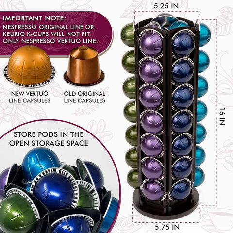 Coffee Pod Carousel Holder For Nespresso Vertuo Capsules Black 40 Pod Capacity 360 Degree Rotation Space Saving Coffee Bar Countertop Organizer With Central Spot For Sugar Cream And Accessories, showcasing colorful capsules in vertical slots.