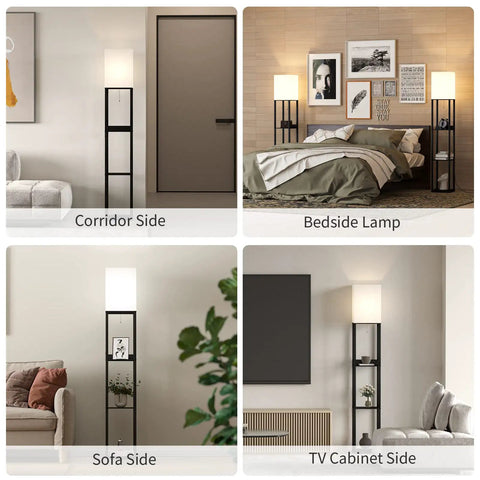 Floor Lamp With Shelves Three Tier Wooden Display Shelves USB Ports And Power Outlet Dimmable LED With 3 Color Temperatures