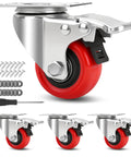 2 Inch Heavy Duty Swivel Caster Wheels Set Of 4 With 600 Lb Load Rating And Total Locking Brakes showing red polyurethane wheel and hardware.