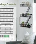 Built Tight Three Tier Fire Escape Wall Shelf In Matte Black For Bedroom Living Room Or Dorm Decor Heavy Duty Ladder Shelf showing package contents and assembly parts.