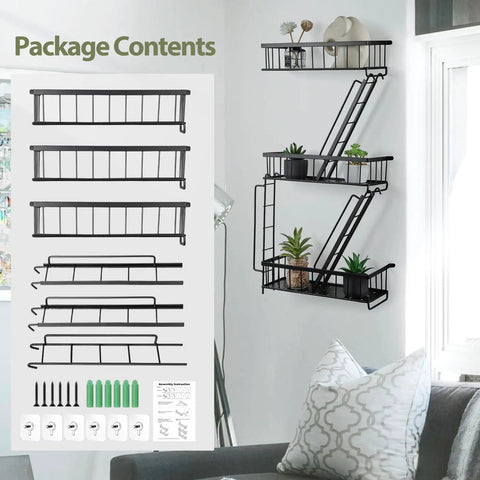 Built Tight Three Tier Fire Escape Wall Shelf In Matte Black For Bedroom Living Room Or Dorm Decor Heavy Duty Ladder Shelf showing package contents and assembly parts.