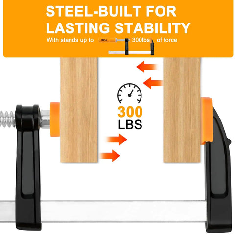 Four Pack 6-Inch Bar Clamps For Woodworking Heavy-Duty Steel F-Clamps With 300 Lb Load And Ergonomic Handles Ideal For Glue-Ups DIY Projects Home Renovations Garage Or Workshop Woodworking, 300 lb steel clamp on wood