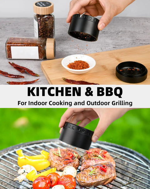 2.5 Inch Aluminum Spice Grinder Three Piece Three Stage shown grinding spices over BBQ and kitchen area