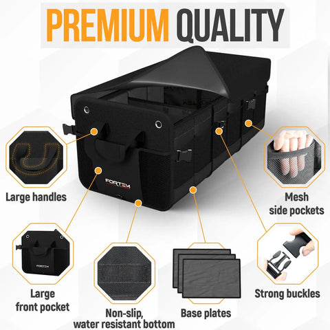 Trunk Organizer With Cooler For SUV And Car, Collapsible Multi Compartment Storage Box With Non Slip Bottom And Straps, Durable 1680D Oxford Cloth, black with large handles and pockets.