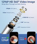 Exploded view of 1296P HD otoscope with 6 LED lights, precision lens, and comparison images on phones for ear cleaning.