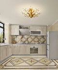 Elegant kitchen with Crystal Chandelier Pendant Light With K9 Crystals, Vintage Gold Ceiling Fixture center.