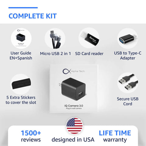 Plug-In Indoor Camera With No WiFi Needed, Full HD 1080P Clarity, kit view with accessories including cables and adapters