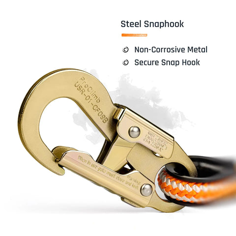 Close-up of steel snap hook on Arborist Lanyard For Tree Work, Half Inch Polyester Rope With Ten Foot Adjustable Length, High Visibility Orange
