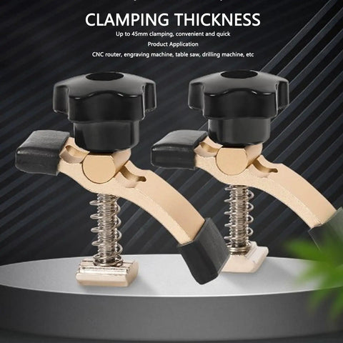 GOTOTOP 2 Pcs Compact T Track Hold Down Clamp For 3018 Cnc Router With Easy Grip Knob and 45mm clamping capacity shown on a workspace.