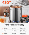 42 Quart Stainless Steel Stock Pot with Strainer, Lid and Handles, Heavy Duty Commercial Grade, on a stove with soup