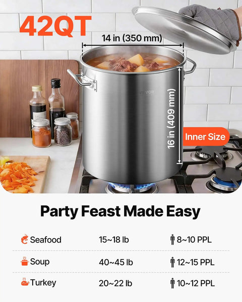42 Quart Stainless Steel Stock Pot with Strainer, Lid and Handles, Heavy Duty Commercial Grade, on a stove with soup