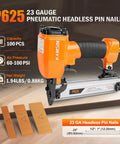 Light As A Feather 23 Gauge Pneumatic Pin Nailer for cramped spots showcasing orange design, ergonomic grip, and pin capacity.