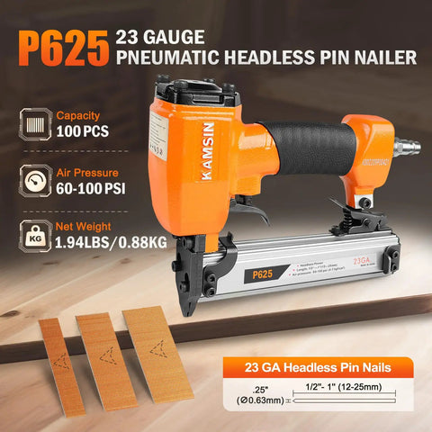 Light As A Feather 23 Gauge Pneumatic Pin Nailer for cramped spots showcasing orange design, ergonomic grip, and pin capacity.