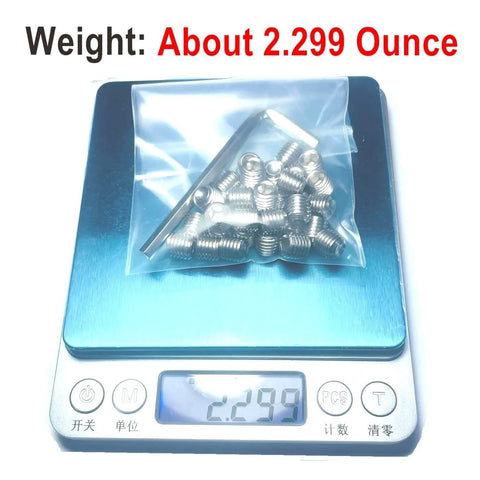 34 Piece 5/16-24 Stainless Steel Hex Socket Set Screws With Allen Wrench on scale weighing 2.299 ounces