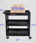 Three Tier Rolling Utility Cart With Locking Wheels Heavy Duty Cart Supports 300 Lbs Ideal For Garage Kitchen And Office Storage Durable Plastic Shelves Black 32 By 18 Inches with boxes and dimensions visible.