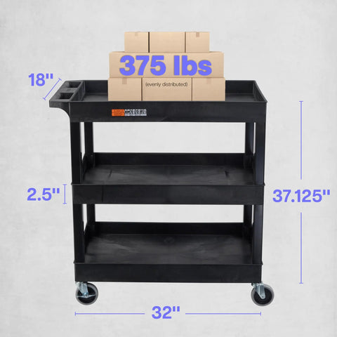 Three Tier Rolling Utility Cart With Locking Wheels Heavy Duty Cart Supports 300 Lbs Ideal For Garage Kitchen And Office Storage Durable Plastic Shelves Black 32 By 18 Inches with boxes and dimensions visible.