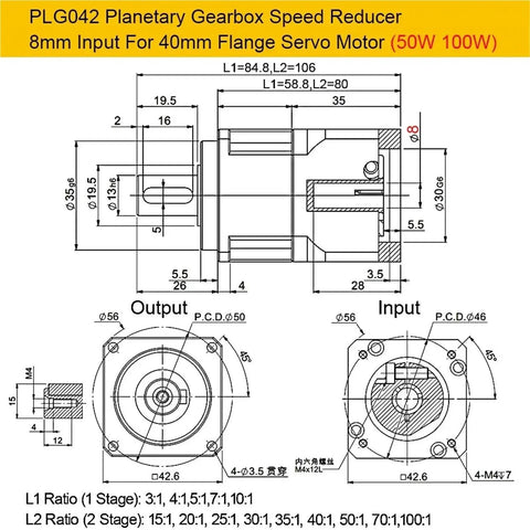 Heavy Duty Helical Gear Reducer Box For Nema 17 23 34 Stepper Motors And Flange Servos With 35Mm Input Shaft 20 To 1 Ratio technical drawing