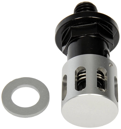 Twist Drain Plug For Easy Oil Changes Tool Free Oil Pan Drain Solution with washer, black and silver design for select models.