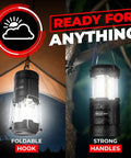 Portable LED Camping Lantern With Battery Power, Magnetic Base And Foldable Hook for Emergency Prep shown in campsite.