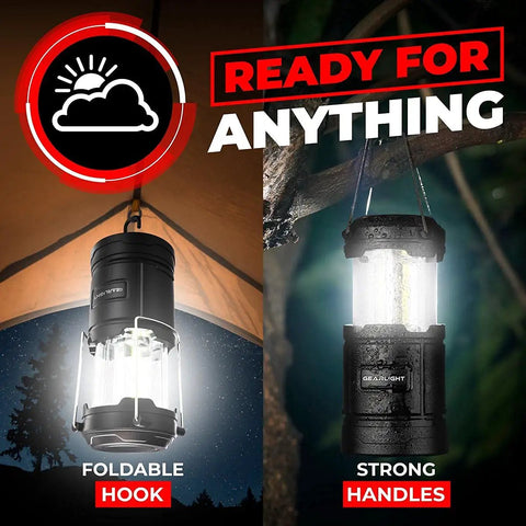 Portable LED Camping Lantern With Battery Power, Magnetic Base And Foldable Hook for Emergency Prep shown in campsite.