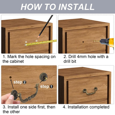Installation steps for 4 Pack Antique Bail Pull Handles With 3.5 Inch Hole Center For Cabinets And Dressers.