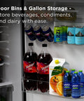 Compact Counter Depth Refrigerator With Top Freezer 11.6 Cubic Feet, Slick Silver Vibe, showcasing door bins storing beverages and dairy.