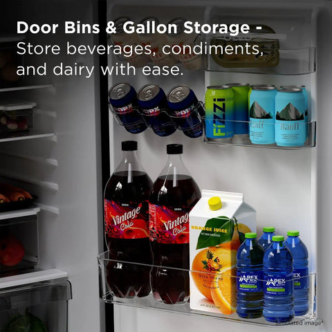 Compact Counter Depth Refrigerator With Top Freezer 11.6 Cubic Feet, Slick Silver Vibe, showcasing door bins storing beverages and dairy.