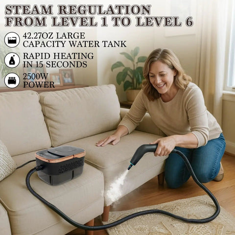 Woman using High Pressure Steam Cleaner For Home Deep Clean Blasts Scalding Hot Vapor To Erase Tough Grease From Tile And Sofa.